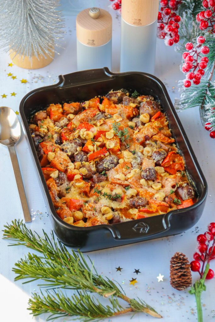 Baked Red Kuri Squash, Sweet Potato and Chestnut Gratin