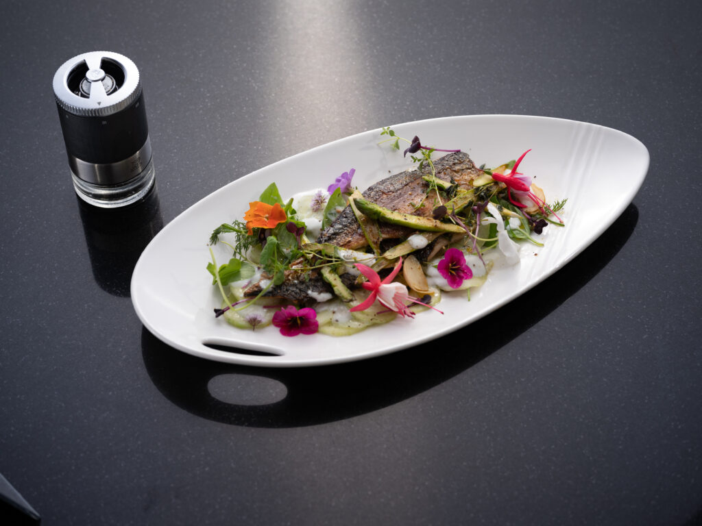 Kampot Pepper Solent Mackerel Fillet, Sweet Pickled Cucumber, Herb Salad