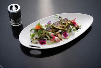Kampot Pepper Solent Mackerel Fillet, Sweet Pickled Cucumber, Herb Salad