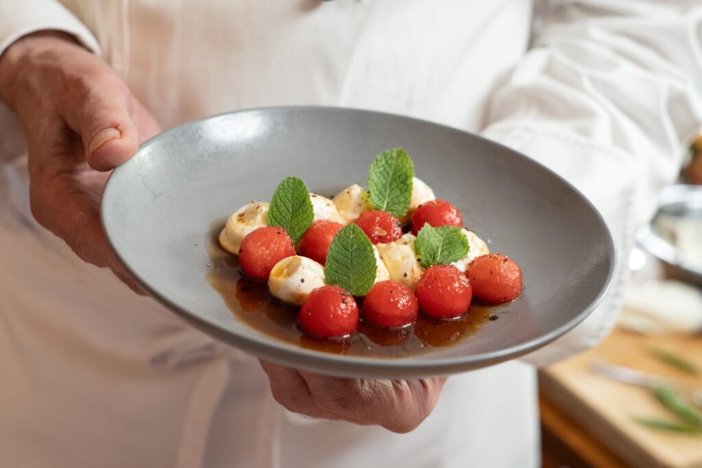 Pepper and Caramel Melon with Goat Cheese