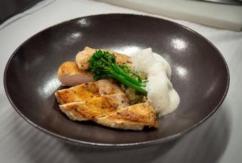 Browned Chicken Breast with Voatsiperifery Wild Pepper, Eggplant Marmalade with Comté Cheese and Toasted Bread Milk