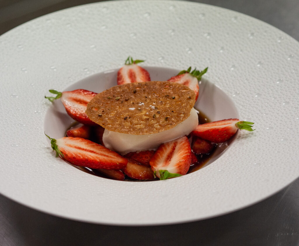 Strawberry Nage and Ice Cream, Honey Tuile and Coarse Ground Kampot Red Pepper