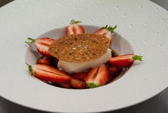 Strawberry Nage and Ice Cream, Honey Tuile and Coarse Ground Kampot Red Pepper