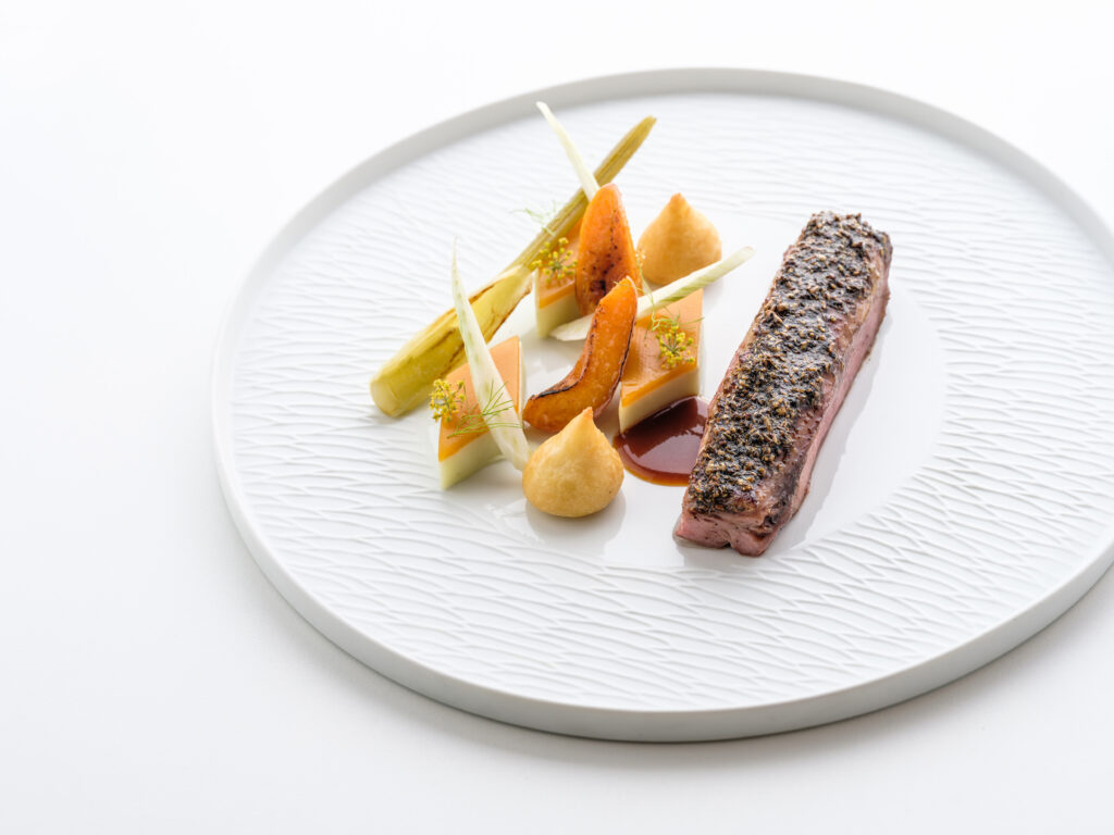 "Apicius" Duck Breast with Fennel and Apricot, Sweet and Sour Sauce with Oabaki and Mango