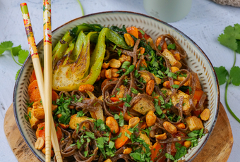 Soba Noodles with Carrot, Tofu, Bok Choy, and Peanut Sauce